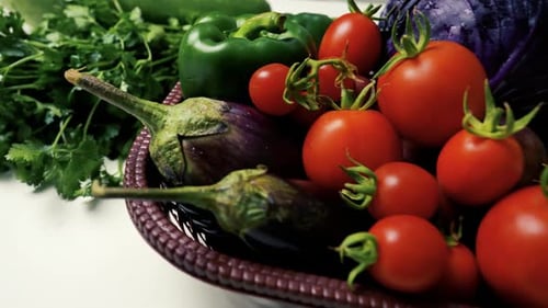 Fresh Vegetables and Eggs on White Surface Footage