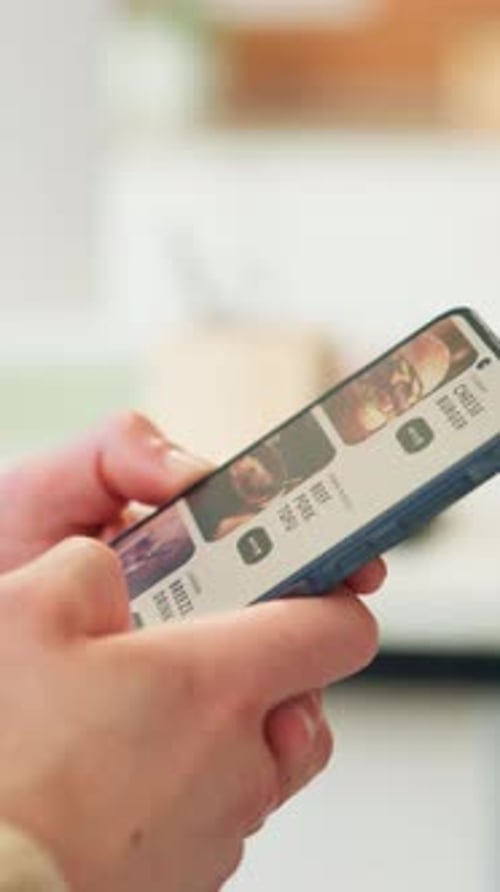 Hands, phone screen and food delivery with scroll at office, choice and menu with e commerce