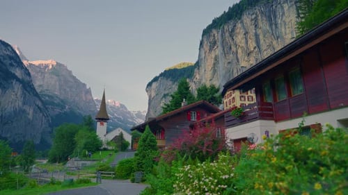 Establishing Shot of the Beautiful Swiss Nature and Village in Switzerland Footage of Idyllic Swiss