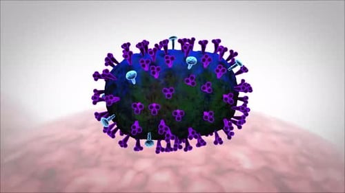 Virus particle with blue and green spikes on surface