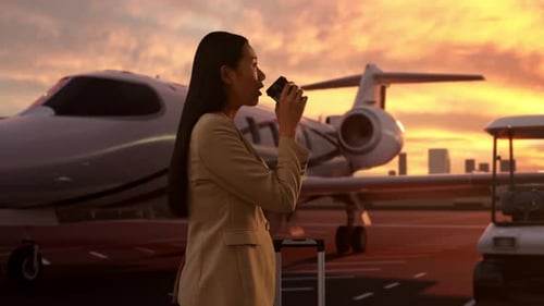 Asian Businesswoman With Suitcase Drinks Coffee With Private Jet At The Airport