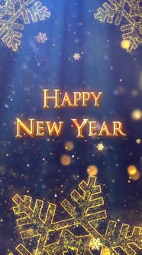 Sparkling Happy New Year Text Reveal with Golden Snowflakes