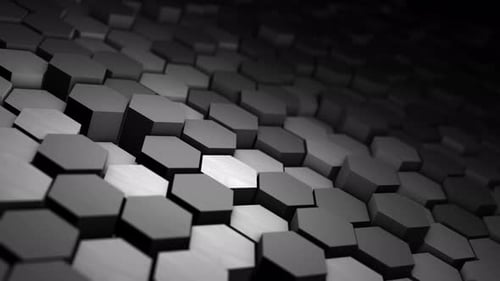 Tuiles 3D hexagonales foncées en boucle 4K à 60 images par seconde, surface technique monochrome avec perspective de profondeur