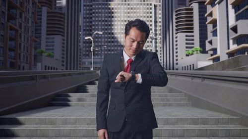 Asian Business Man Checking Watch In City