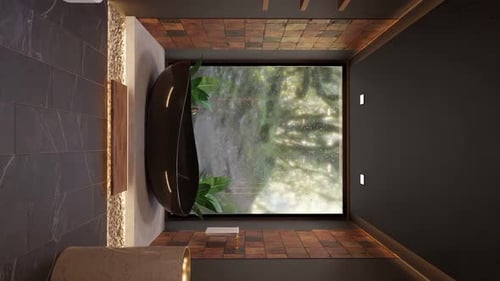 Vertikale Dolly-Rückwärtsaufnahme einer schwarzen Standalone-Badewanne mit dem Wald im Hintergrund