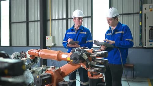 Engineer and technician working with robot arm in factory. Industry and engineering concept.
