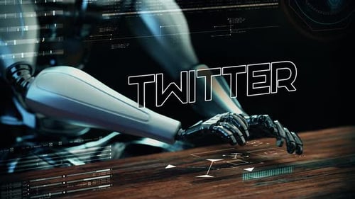 Twitter-Text animiert mit einem KI-Roboter-Geschäftsmann, der auf einer futuristischen Tastatur tippt