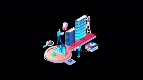 Colorful 3D representation of a corporate building scene