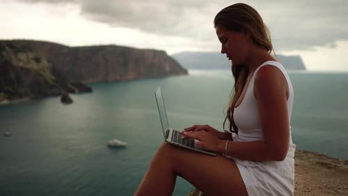 Woman Sea Laptop Business Woman Freelancer with Laptop Working Over Blue Sea Beach Girl Relieves