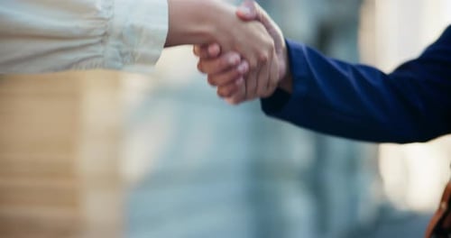 Business people, handshake or city with meeting for agreement, partnership or deal together