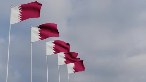 3D Qatar Flags Waving Against a Dynamic Cloudy Sky