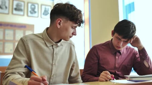 Schoolboys at a Desk During Class