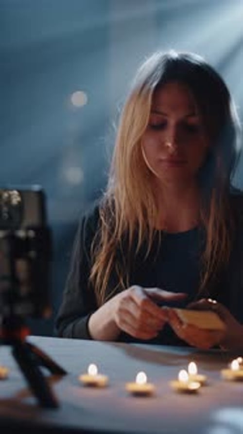 Young Woman Reads Tarot Cards in Candlelight