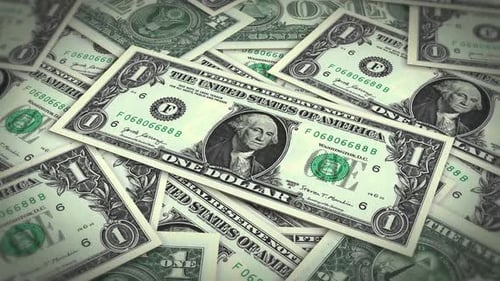 Pile of american dollars cash money, inflation concept. Closeup new american one dollar bills 4k