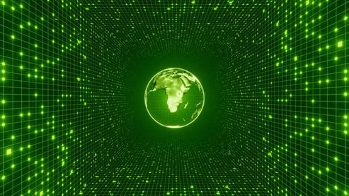 Futuristic Digital Tunnel Animation with Rotating Earth Globe