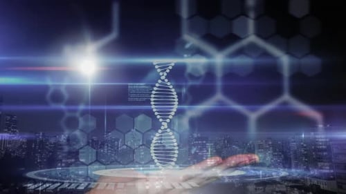 Animation of dna strand spinning and medical data processing over hand