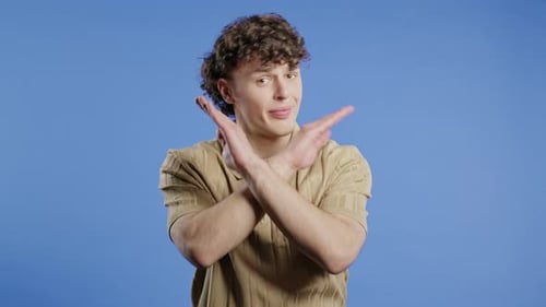 No Never Curly Haired Man Rejecting Gesture Stop Crossing Hands Ban Timeout