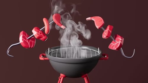 Animated Barbecue Grill and Spinning Meat Skewers