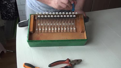 Man Repairs Button Accordion with a Screwdriver