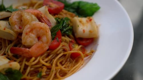 Delicious Shrimp and Squid Spaghetti Close Up