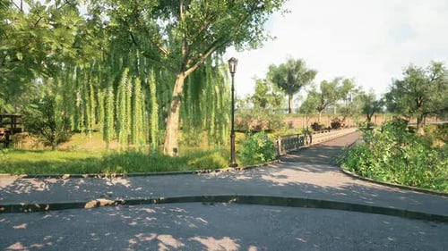 A Serene Park Pathway Flanked By Lush Greenery and a Charming Bridge