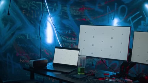 Cyberpunk Style Gaming Setup with Blank Computer Screens
