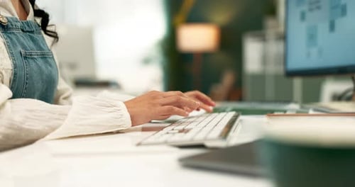 Woman, hands and typing on keyboard in office, receptionist and creative startup for business
