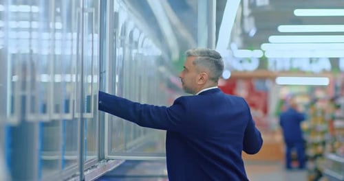 Single Man Buying Frozen Ready to Eat Meals in Supermarket Client in Hall Prores