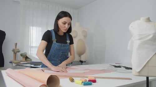 Woman Creating Fashion Designs at Bright White Table