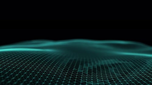 Abstract vibrations of defocused green cyber waves. Particles and dots move in waves against a dark