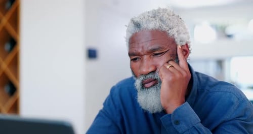 Home, thinking and old man with stress, laptop and planning with debt, mental health and depression