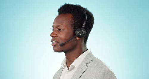 Man, face and call center communication in studio for customer service, FAQ advisory