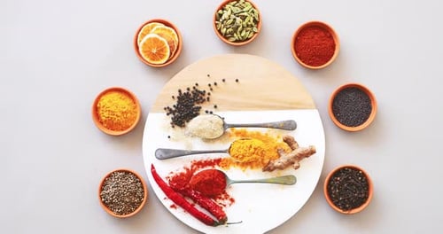 Top view, spices and herbs or powder on table in kitchen for cooking, food