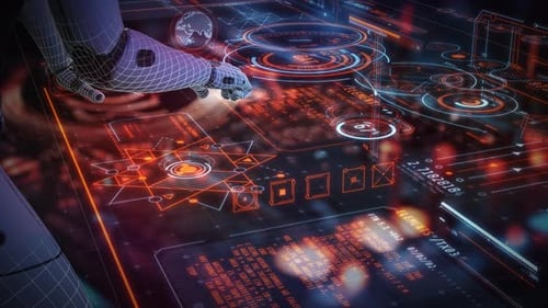 Roboterhand interagiert mit futuristischer Schnittstelle und Datenanalyse