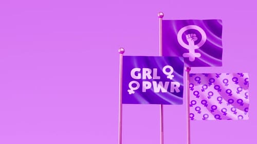 Vídeo en bucle del Día de la Mujer con tres banderas feministas ondeando sobre un fondo morado