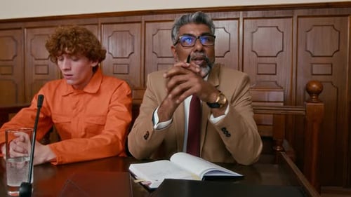 Attorney Defending Young Red-Haired Inmate in Prison Robe During Trial in court