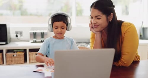 Mom, laptop or child elearning for education, growth development or knowledge in online class