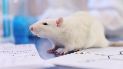 White Rat on Desk with Chemical Formulas