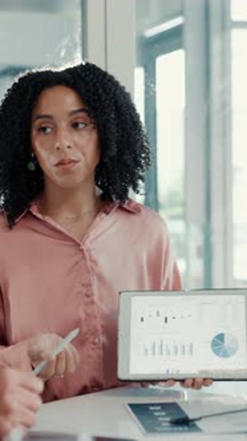 Presentation, tablet screen and businesswoman in office with graphs, statistics