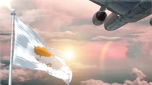 Cyprus Flag Waving Realistic With Sky Plane Takes Off At Sunrise