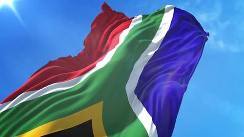 Realistic South African Flag Waving in Clear Blue Sky