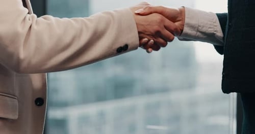 Business people, handshake and meeting with partnership for b2b, agreement or deal in office