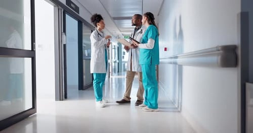 Medical Professionals Talking in a Hospital Hallway