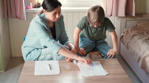 Mom Education Son Writing Kids Learn and Study in Home School Mommy Female Helping Teaching Little