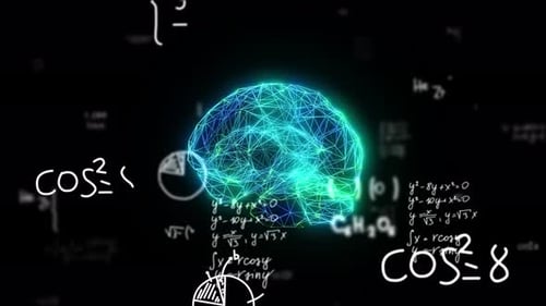 Luminous digital brain spinning in 3D space, encircled by floating mathematical formulas