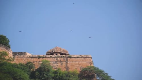 Temples anciens de Saas Bahu sur le fort de Gwalior avec des vautours tournant à proximité