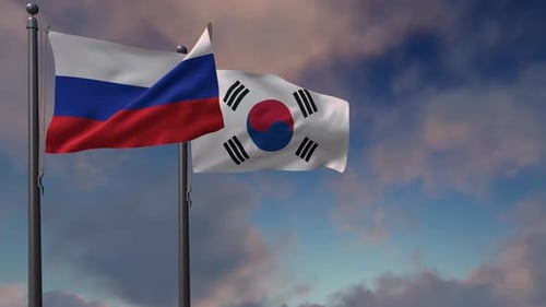 South Korea Flag Waving Along With The National Flag Of The Russia - 4K