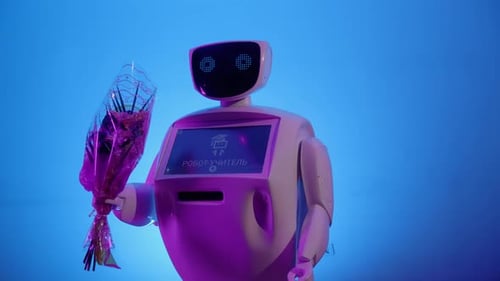 Robot enseignant école futuriste sur fond bleu avec des fleurs parlant à la caméra et obtenant