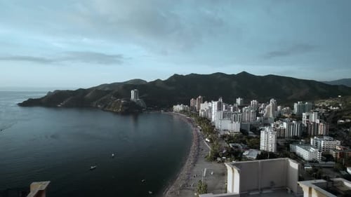 Beachfront Sunset Aerial 4k - Santa Marta - Colombia