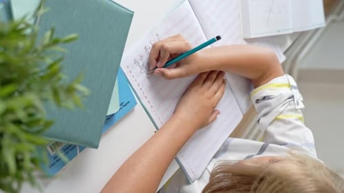 Middle School Smiling Student Boy Sitting at Desk Studying Writing Book Homework and Tablet at Class